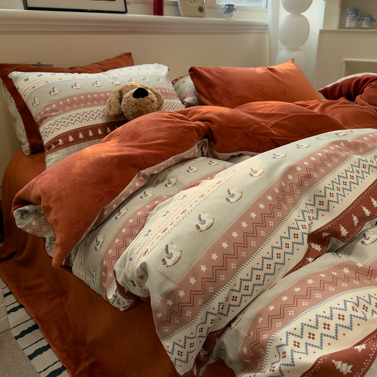 梨梦 秋冬可爱费尔岛A纯棉B牛奶绒四件套保暖珊瑚绒床单被套床品,床上用品,床品套件/四件套/多件套,淘宝优惠券,粉丝福利购,淘宝优惠卷