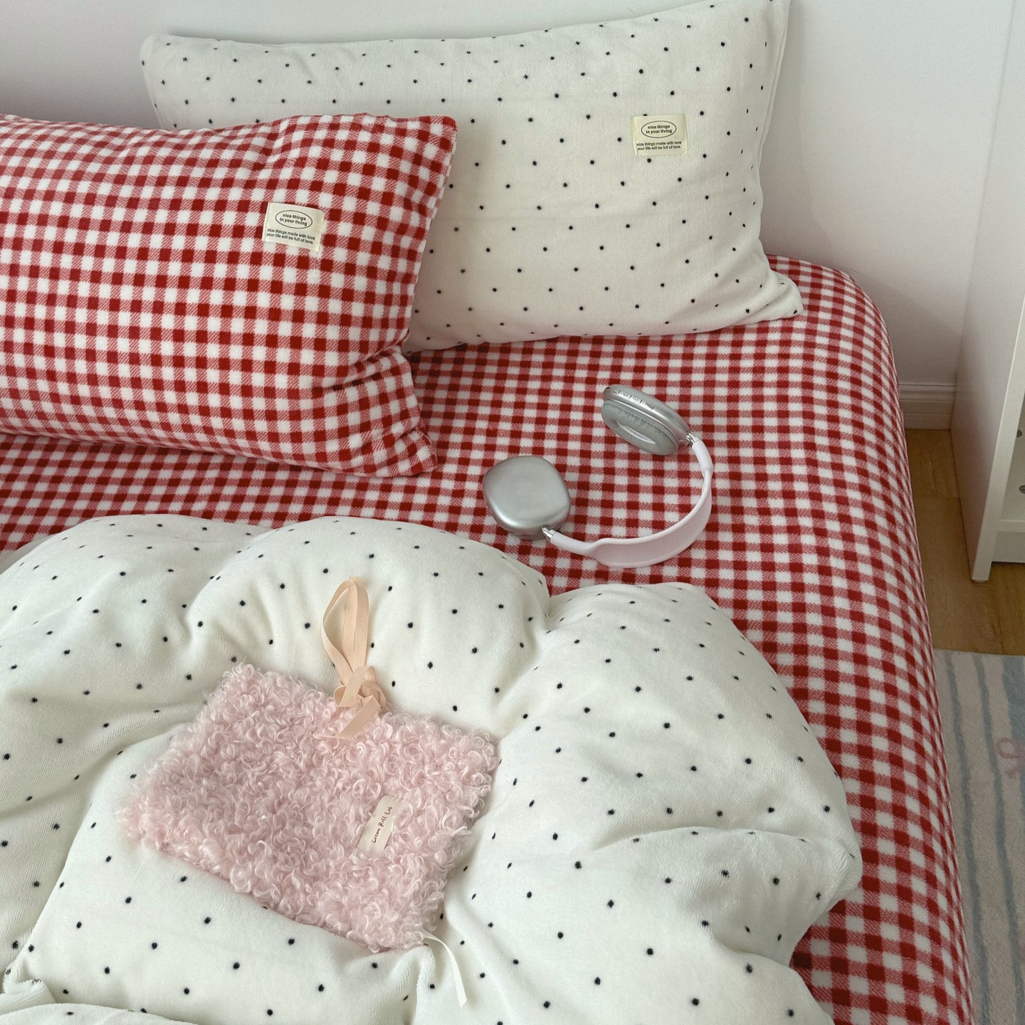 梨梦 ins格子波点秋冬牛奶绒四件套保暖珊瑚绒床单被套床上用品,床上用品,床品套件/四件套/多件套,淘宝优惠券,粉丝福利购,淘宝优惠卷