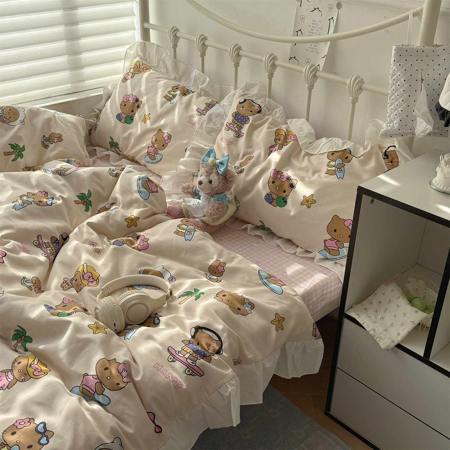 梨梦 度假冲浪猫可爱花边款纯棉四件套全棉床单被套床笠床上用品,床上用品,床品套件/四件套/多件套,淘宝优惠券,粉丝福利购,淘宝优惠卷