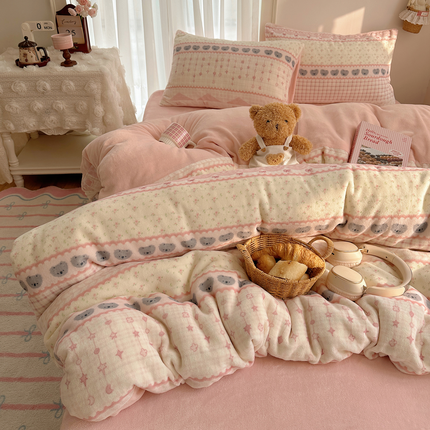 梨梦 ins少女心秋冬保暖牛奶绒四件套保暖珊瑚绒床单被套床上用品