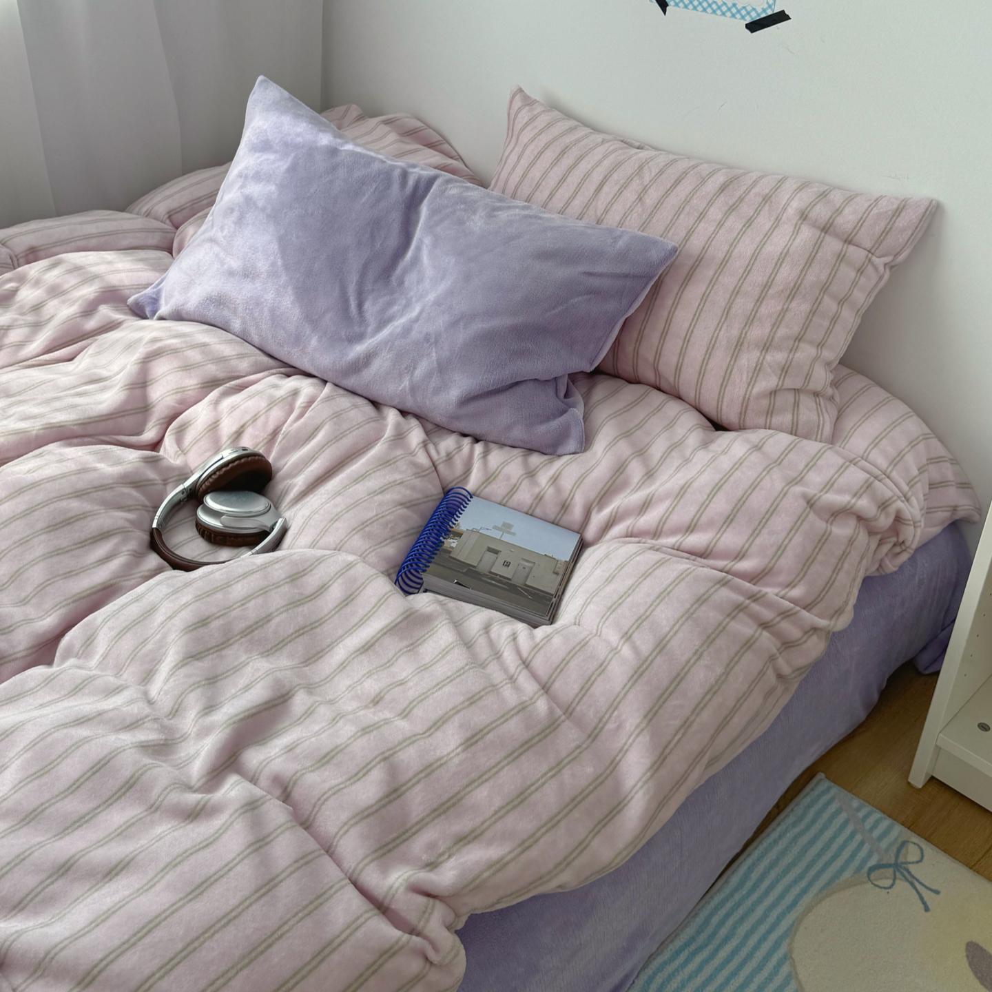 梨梦 桃粉芋泥 秋冬条纹牛奶绒四件套保暖珊瑚绒床单被套床上用品