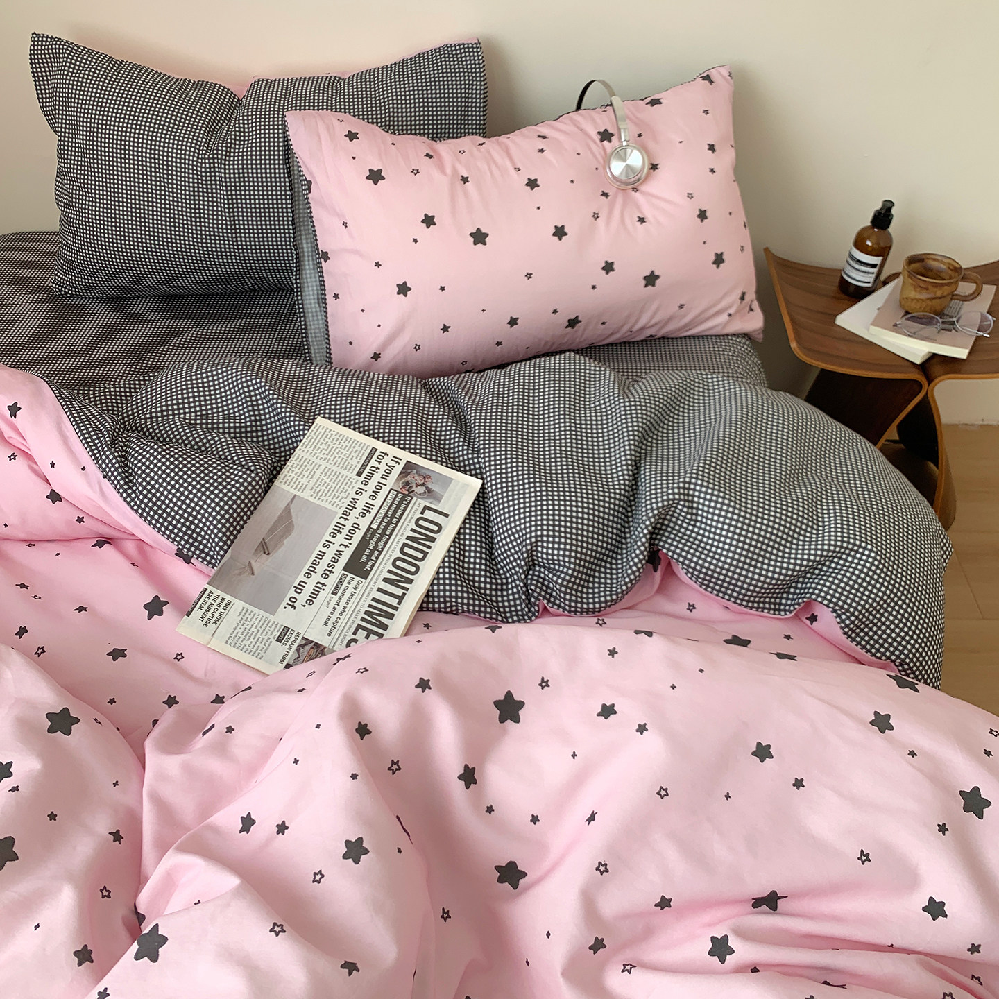 梨梦 粉星星 可爱甜辣纯棉四件套全棉床单被套床笠款宿舍床上用品