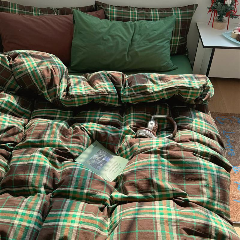 梨梦 安德鲁日记 ins格子纯棉水洗棉四件套全棉床单被套床上用品