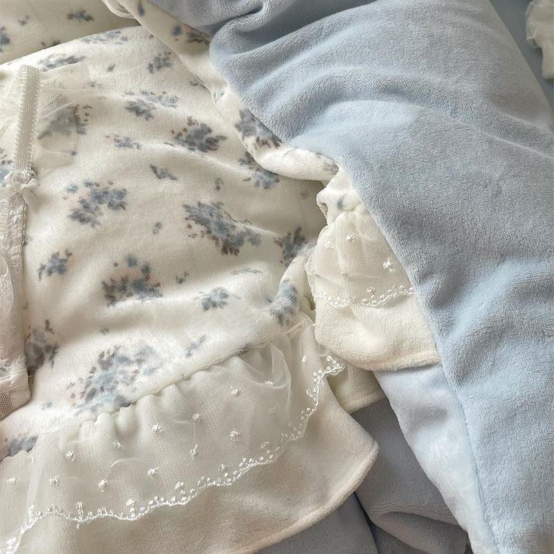 梨梦 蓝色碎花高级加厚保暖四件套牛奶绒床单被套珊瑚绒床上用品
