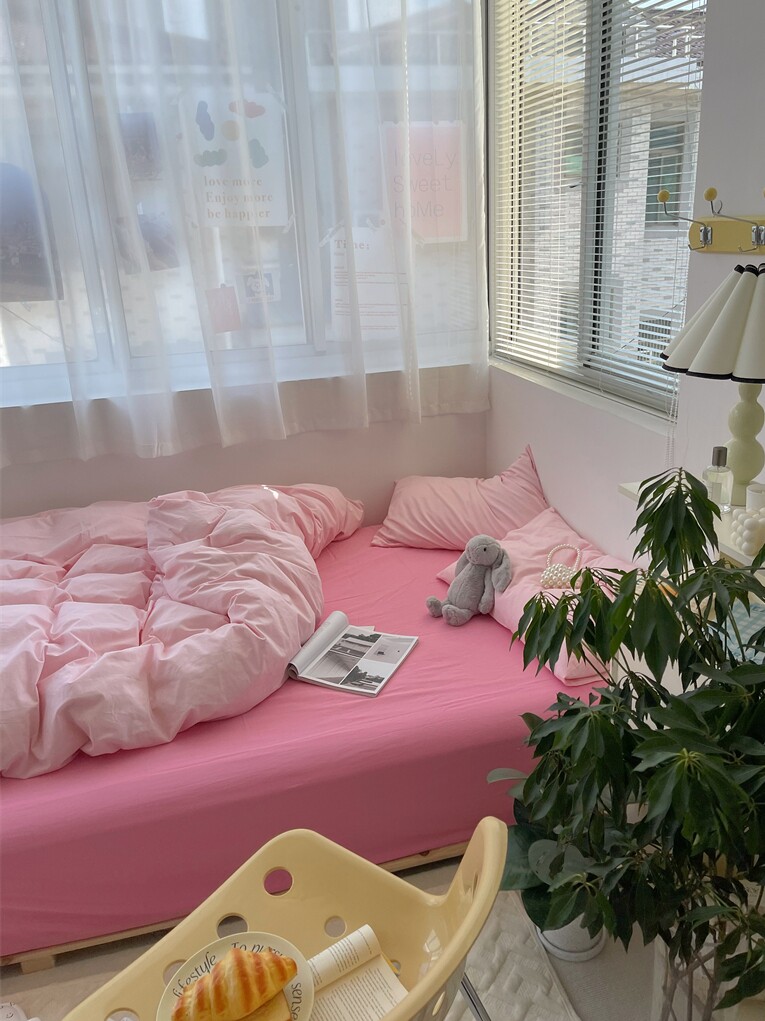梨梦 云朵有点甜 少女粉纯棉水洗棉四件套全棉床单被套床上用品