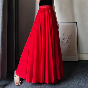 红色半身裙纱裙新疆舞长款 720度大摆舞蹈裙新款 雪纺半身长裙夏季