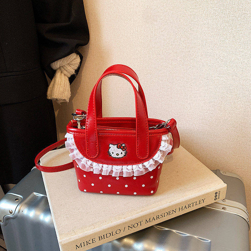 波点图案儿童小单肩包红色蕾丝托特包女童迷你手提斜挎包可爱小包