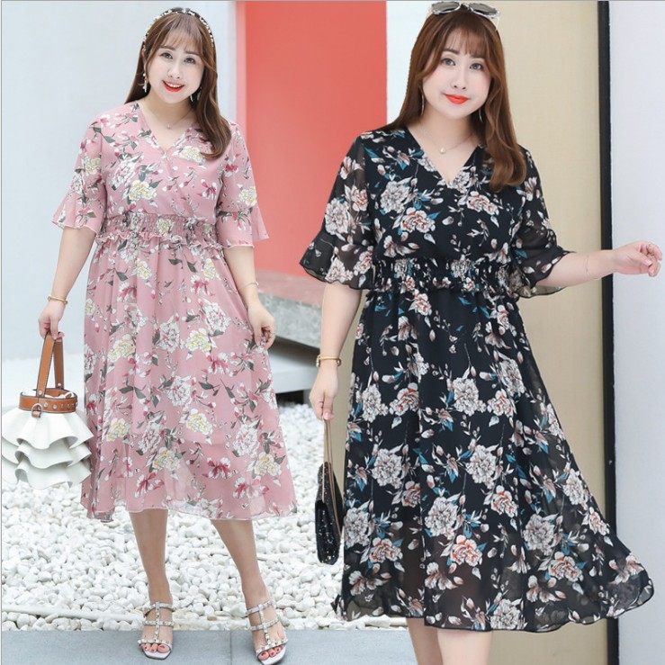 2020夏季新品特大码连衣裙雪纺甜美女裙韩版胖MM服饰碎花V领长裙