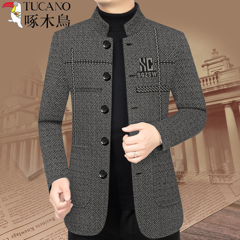 春秋季新款高档男士毛呢夹克外套立领中老年休闲中山装呢子西服潮