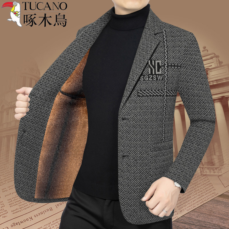 啄木鸟男式加绒加厚西服中年商务休闲西装秋冬保暖修身外套爸爸装