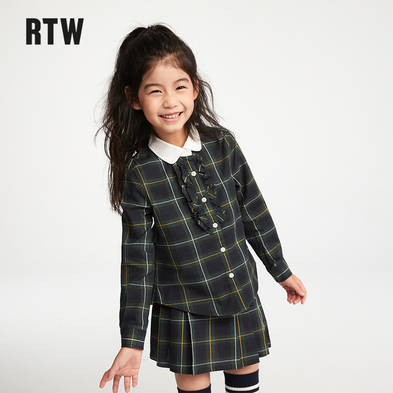 RTW纯棉学院风格子衬衫女童春季翻领长袖上衣复古英伦风格纹衬衣