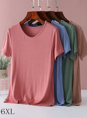 新款女士莫代尔短袖T恤衫上衣小V领大弹力大码舒适上衣黑色夏季