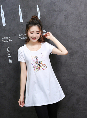 女装新款纯棉短袖T恤衫中长款宽松大码遮肚显瘦打底衫印花圆领