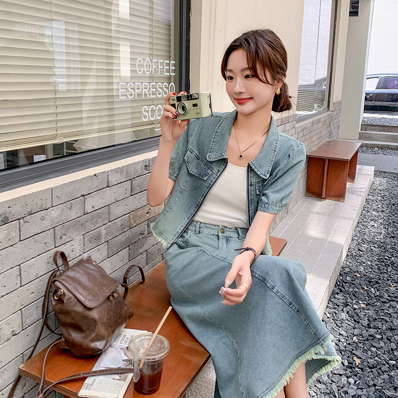 渐变色复古牛仔套装女2025夏季新款时髦洋气短袖上衣半身裙两件套图片