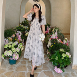 水墨画碎花方领泡泡袖连衣裙女夏2024新法式收腰显瘦气质名媛御姐，商品下架区，E维熙