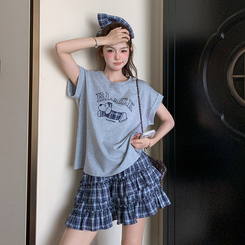 盐甜系卡通印花T恤格子半身裙两件套女2025夏新款韩版休闲小个子,女装运动套装,浙宝285（原212）