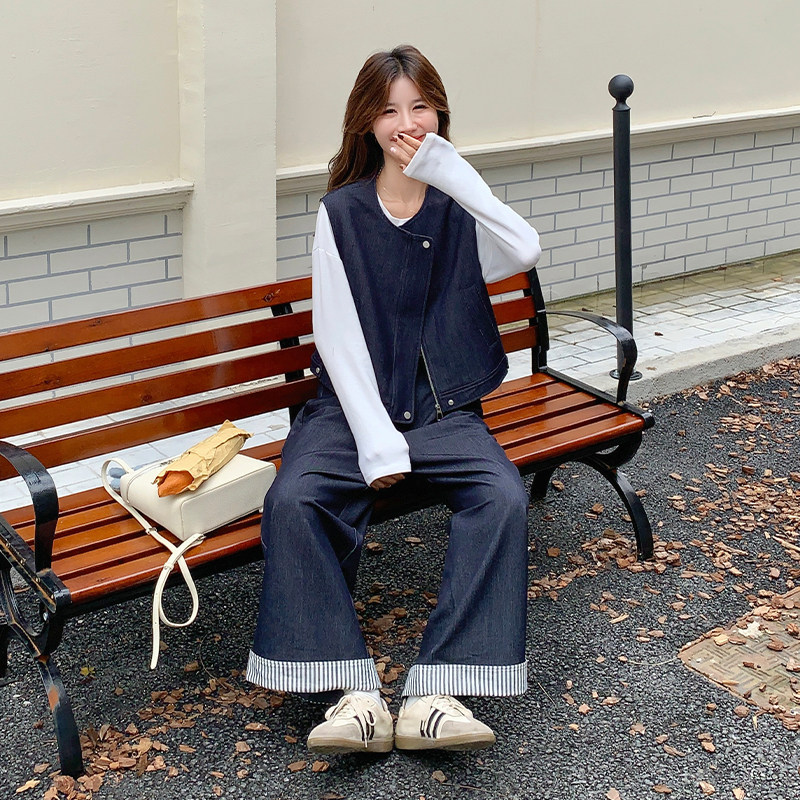 韩系松弛感套装女2025年秋季新款复古设计感马甲休闲阔腿裤两件套,女装运动套装,浙宝285（原212）