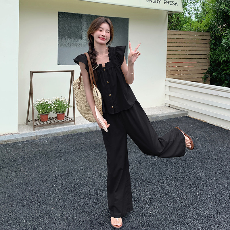 黑色气质飞飞袖小衫阔腿裤女夏装新款学院风显瘦休闲长裤两件套,女装运动套装,浙宝285（原212）
