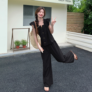 黑色气质飞飞袖小衫阔腿裤女夏装新款学院风显瘦休闲长裤两件套图片