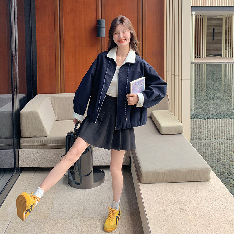 撞色翻领休闲短外套女2025春季新款设计感超好看韩系百搭夹克上衣,女装短外套,浙宝285（原212）