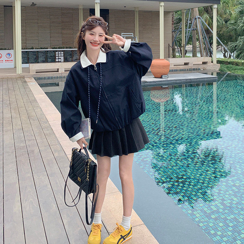 撞色翻领休闲短外套女2025春季新款设计感超好看韩系百搭夹克上衣,女装短外套,浙宝285（原212）