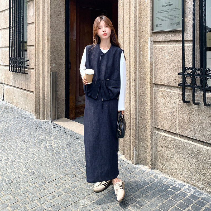 休闲减龄工装牛仔马甲半身裙套装女春秋2025新款松弛感宽松两件套,女装运动套装,浙宝285（原212）