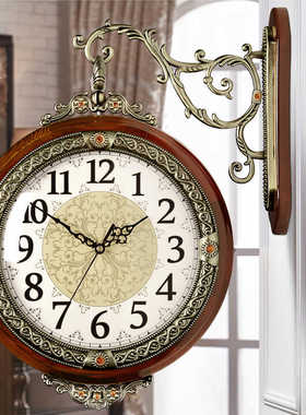 汉时欧式复古实木高档装饰双面挂钟客厅古典金属时钟创意钟表DS05