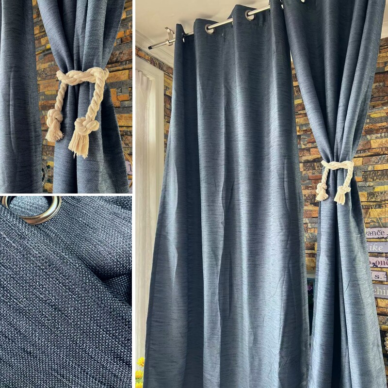 简欧灰蓝色涤麻布帘成品窗帘,简约纯色遮光打孔窗帘,加厚现代