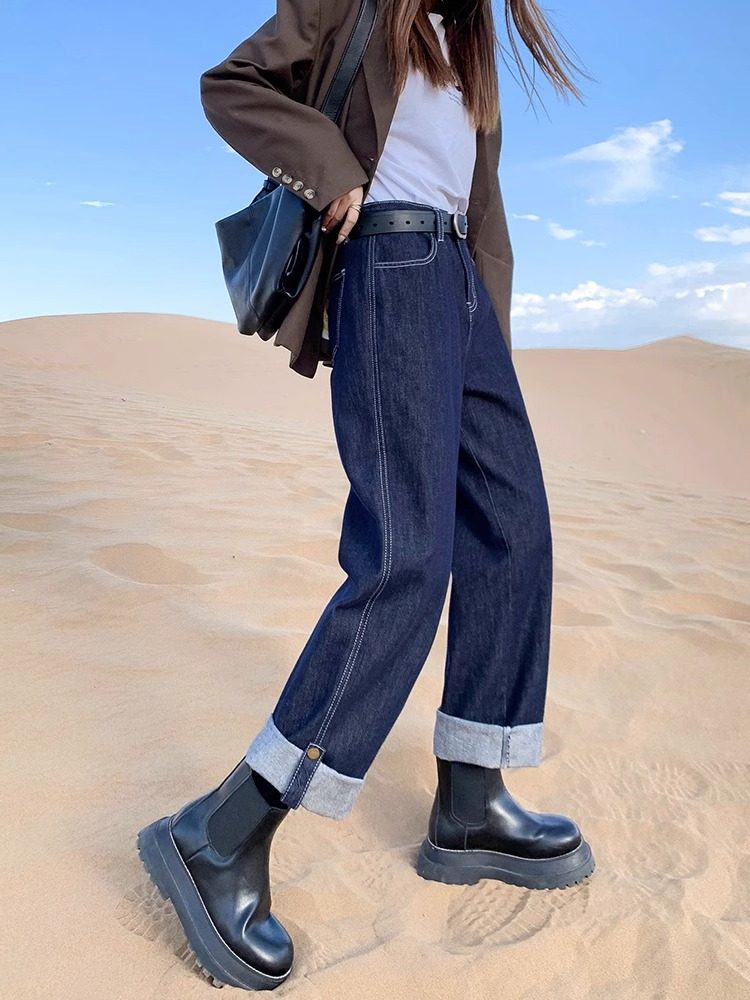 深蓝色加绒直筒牛仔裤女2025秋冬新款宽松小个子高腰显瘦阔腿裤子