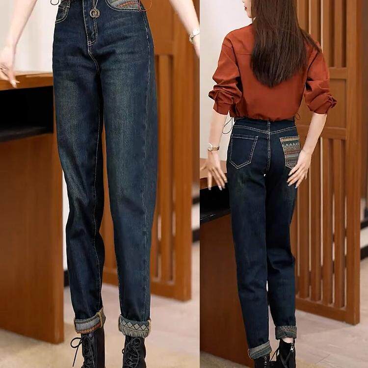 加绒牛仔裤2025年春秋冬季新款女高腰马丁靴裤大码哈伦萝卜老爹裤