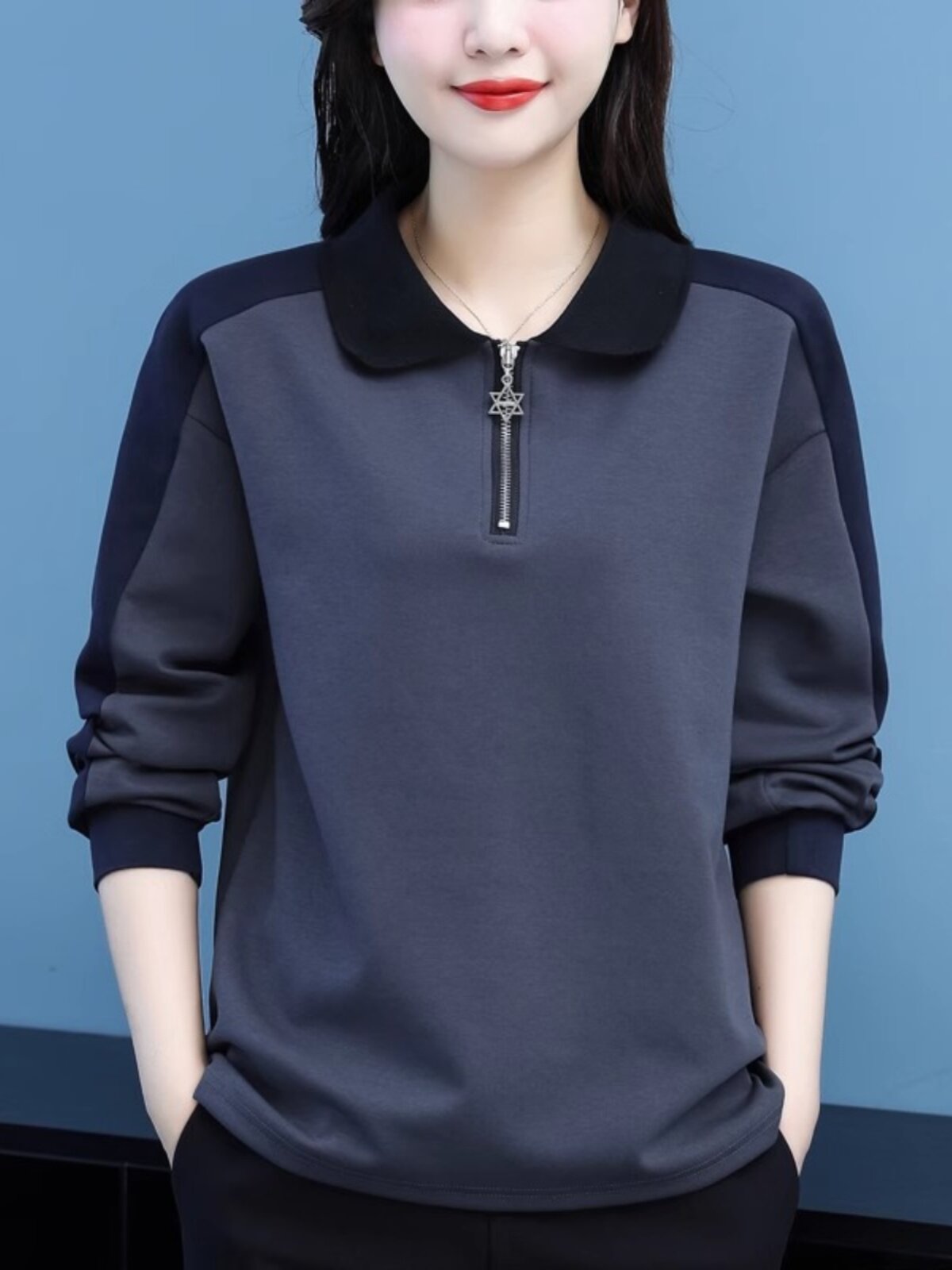 2025春秋新款薄款长袖卫衣女士大码宽松半拉炼翻领韩版时尚上衣女