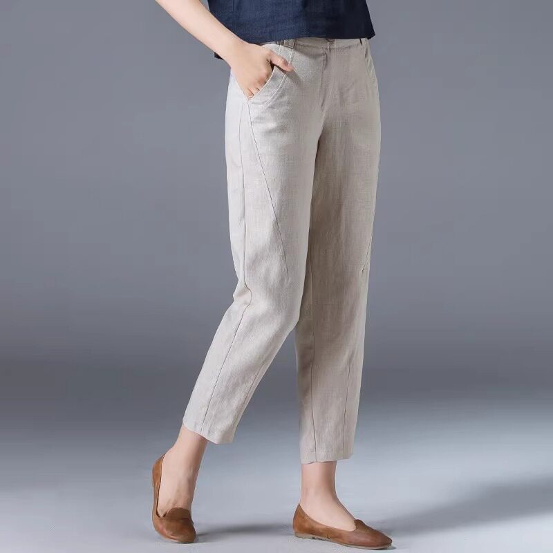 棉麻女裤夏季薄款2025新款高端亚麻九分休闲裤大码宽松萝卜哈伦裤