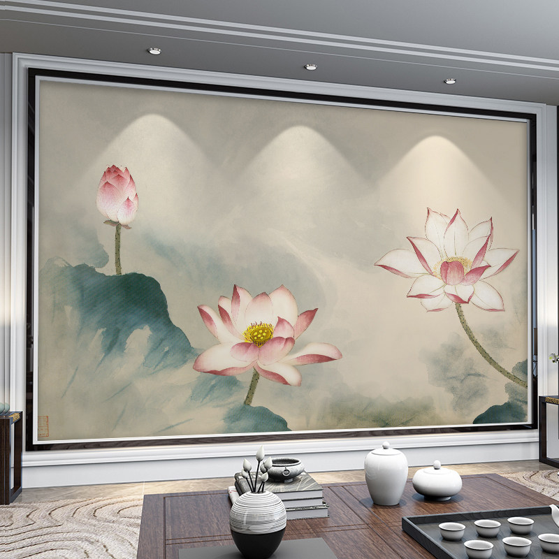 新中式荷花墙布背景墙酒店大堂工装定制壁画客厅电视墙壁纸墙纸画