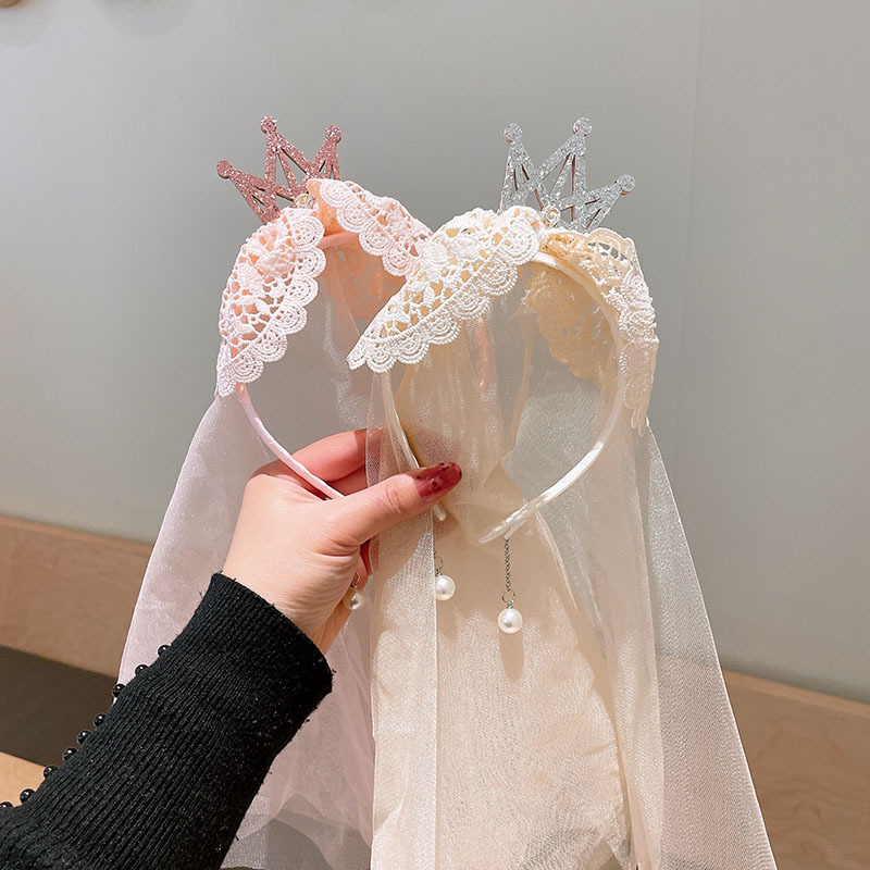 女童甜美生日发箍公主宝宝皇冠头纱发饰超仙女童珍珠流苏蕾丝