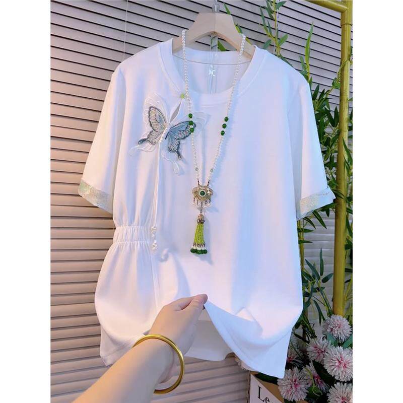 大码女装2025夏季新款白色圆领短袖t恤女显瘦胖妹妹胖mm蝴蝶半袖