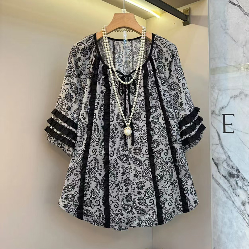 胖妹妹夏季七分袖雪纺印花中长款大衫宽松韩版气质上衣透气舒适
