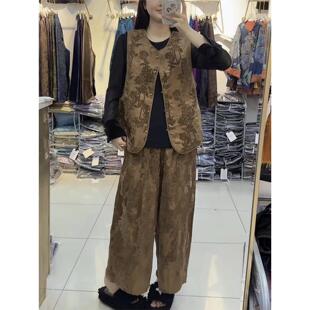 中式新提花胖大码坎肩裤套装马甲女装腿复古mm禅意搭阔国风无袖内