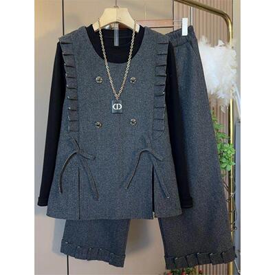 2026春季新款大码女装韩版宽松减龄蝴蝶结马甲长袖上衣阔腿裤套装