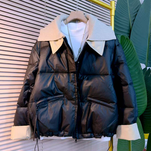 通勤风针织领黑色棉服外套女韩版 大码 时尚 秋冬新款 保暖面包服 女装