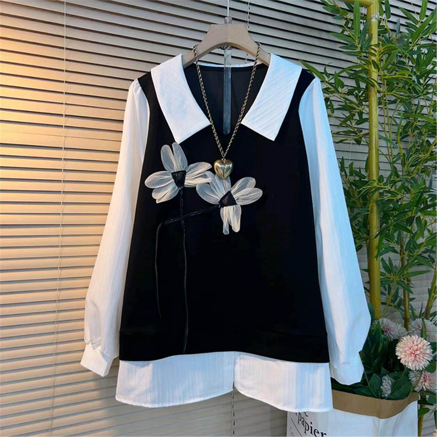 春秋胖mm宽松假两件长袖上衣韩版显瘦遮肉遮肚中长款衬衫方领减龄