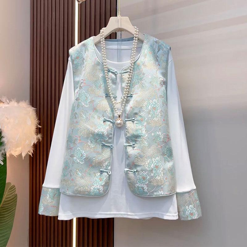 新中式大码女装2025春季款国风韵味提花盘扣马甲打底衫显瘦两件套