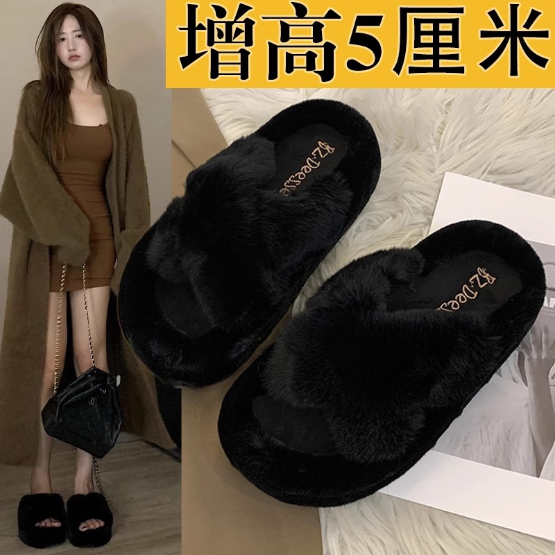 香港厚底毛毛拖鞋女外穿2025新款秋冬季保暖居家毛茸茸棉拖鞋
