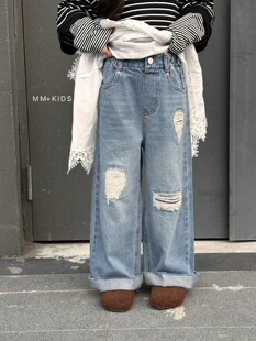 女童牛仔裤春秋款洋气破洞乞丐裤儿童裤子女大童春装直筒裤阔腿裤