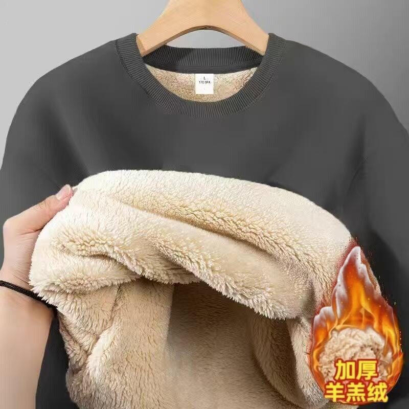 羊羔绒卫衣男长袖T恤加绒加厚上衣服潮牌百搭秋冬季圆领套头保暖