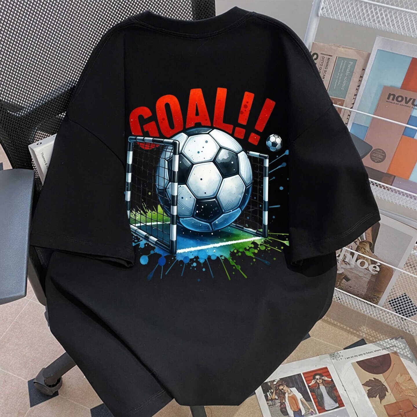 新款纯棉潮流撞色足球门印花T恤男大码宽松美式复古休闲半袖上衣