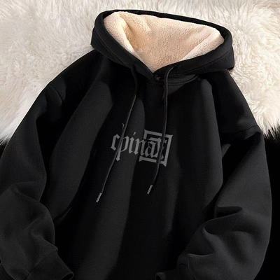 新款连帽上衣潮宽松2024秋冬款加绒加厚保暖羊羔绒卫衣男青少年