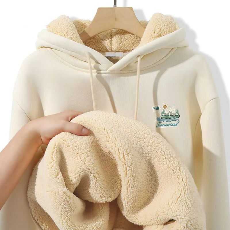 米色百搭简约休闲羊羔绒保暖连帽