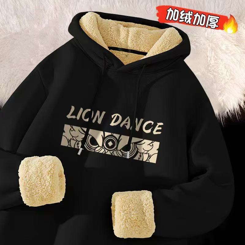 宽松青少年连帽羊羔绒加绒加厚新款2025秋冬款保暖卫衣男上衣潮