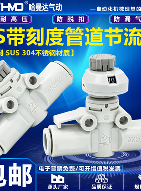 SMC型气动管道调速阀AS1002FS-04/06/08A带刻度节流阀接头AS2052F