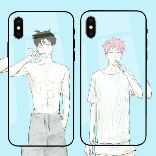 晨起萌男可爱情侣基友玻璃手机壳适用苹果12PROMAX小米11 华为P40